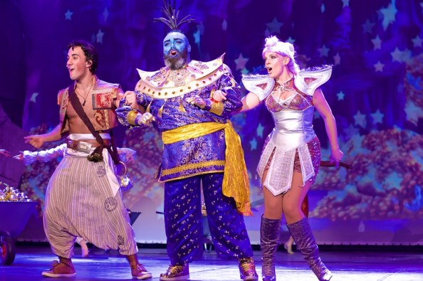 Aladdin (Jake Carter) , Genie (Ross Anderson-Doherty) and Genie of the Ring (Naomi Rocke) in Aladdin