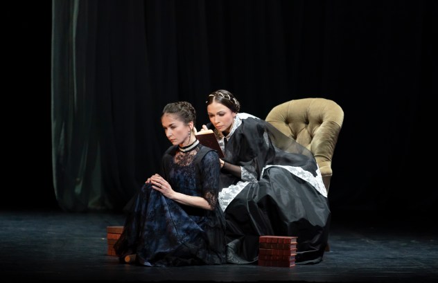 Pippa Moore as Older Princess Beatrice and Abigail Prudames as Victoria in Victoria. Photo Emma Kauldhar